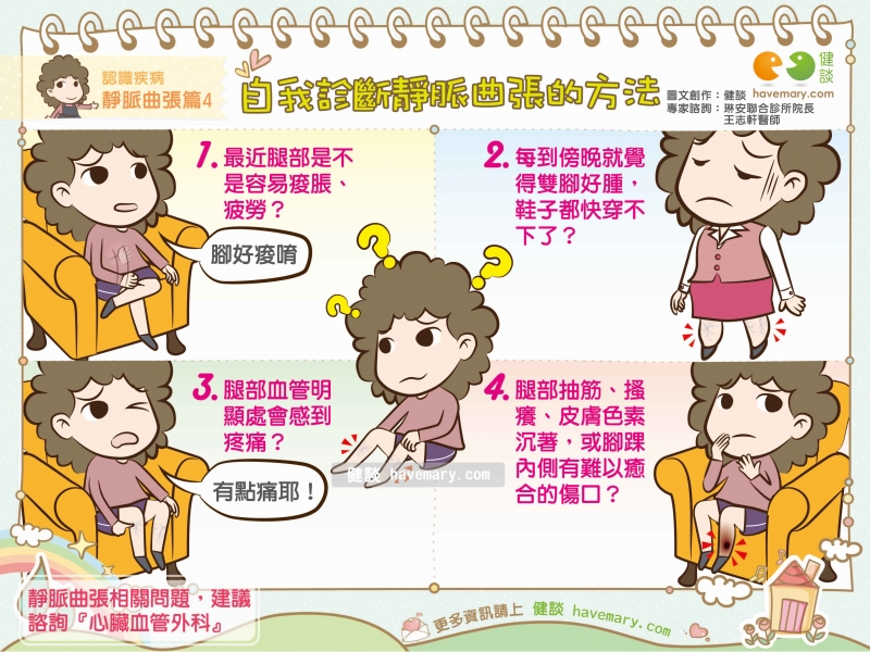 靜脈曲張,靜脈曲張自我診斷,久站久坐,健康圖文,健康漫畫,漫漫健康,Varicose veins, varicose veins, self diagnosis,健談,健談網,havemary